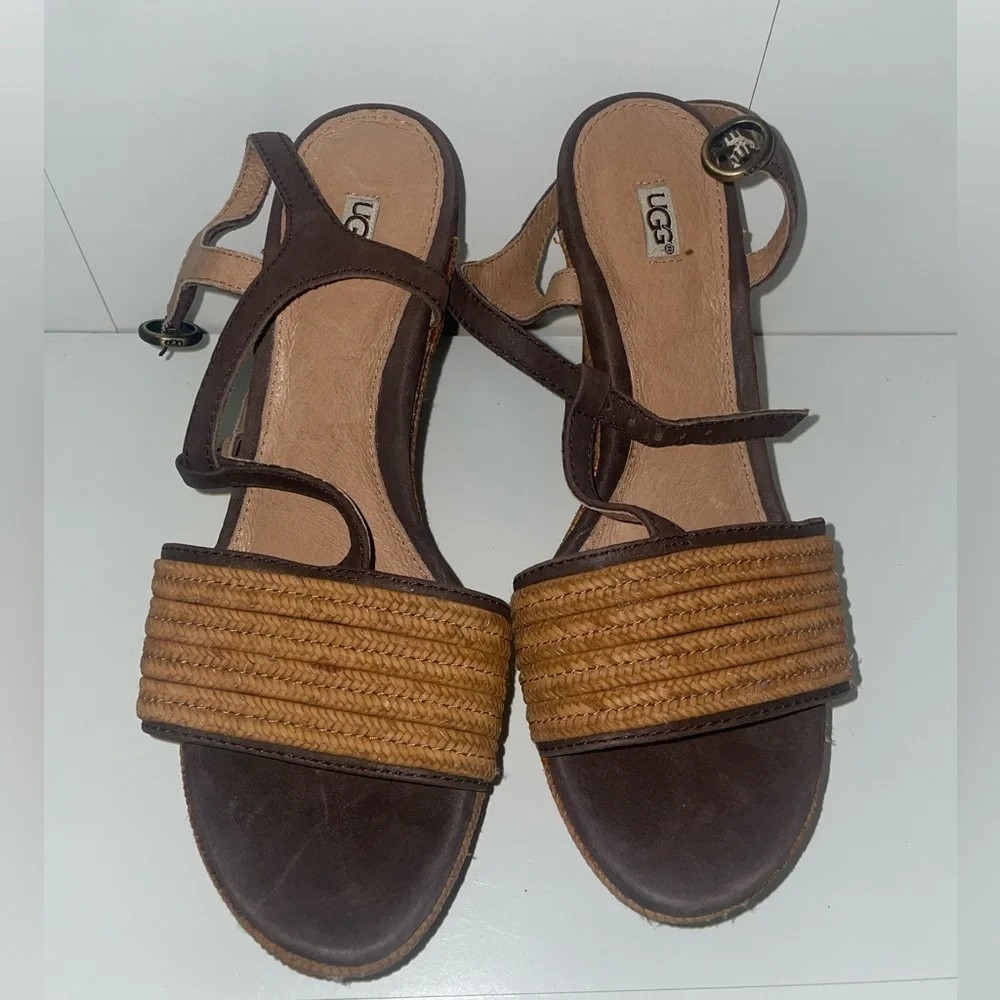 Ugg edges woven wedges brown summer wedges ankle strap heels